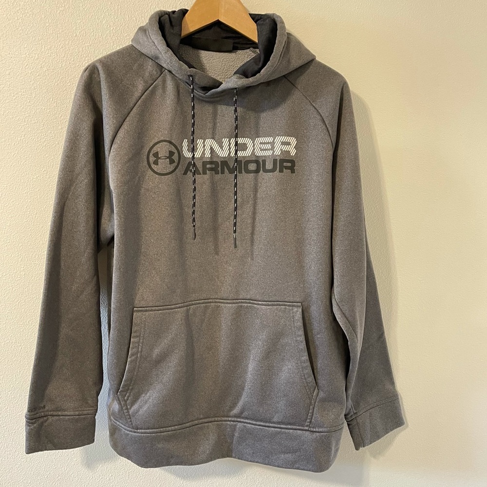 Under Armour Storm Coldgear Fleece Wordmark Hoodie Gray Kangaroo Pocket-M Loose